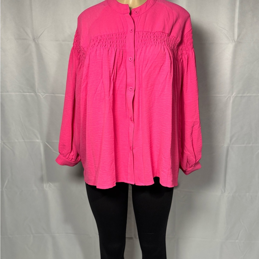 Amazon Hot Pink Smocked Yoke Button-Front Blouse